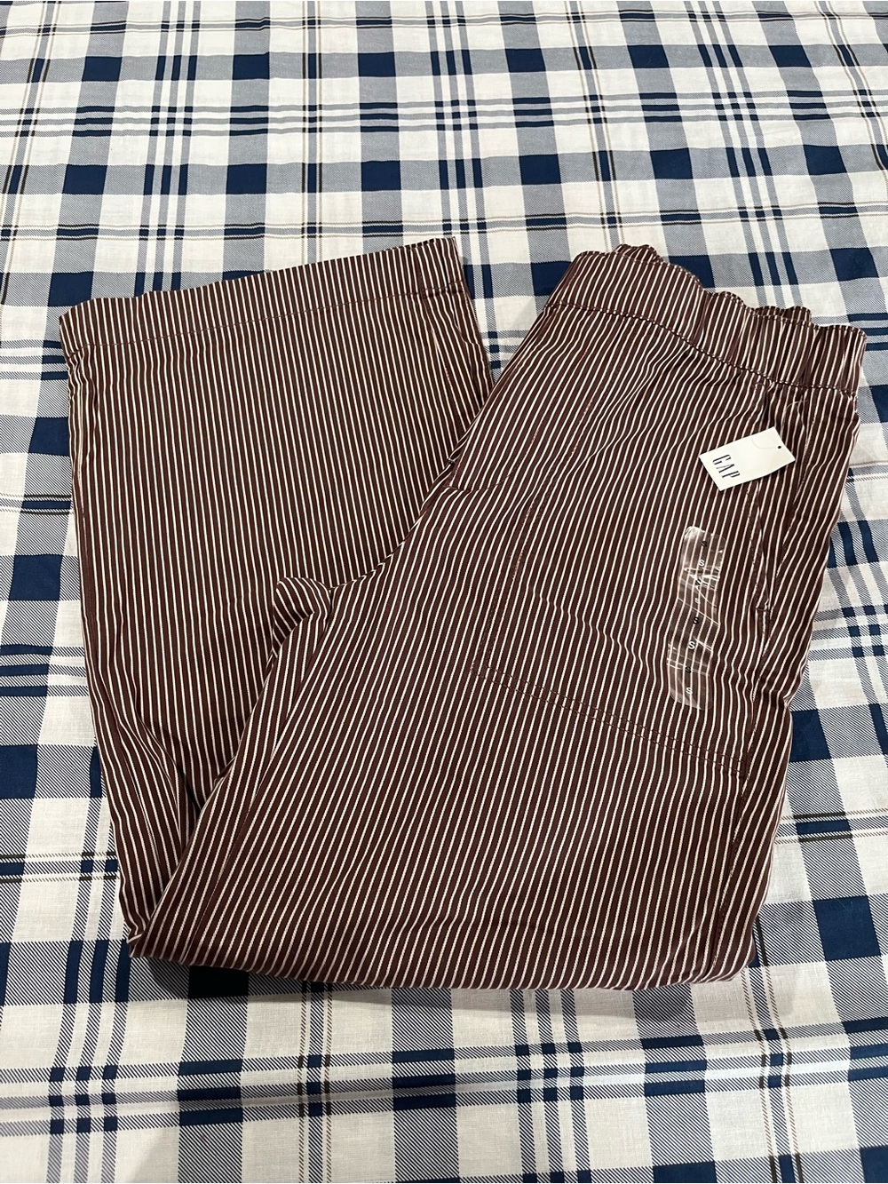 GAP Brown and White Pinstripe Straight-Leg Pants with Elastic Waist